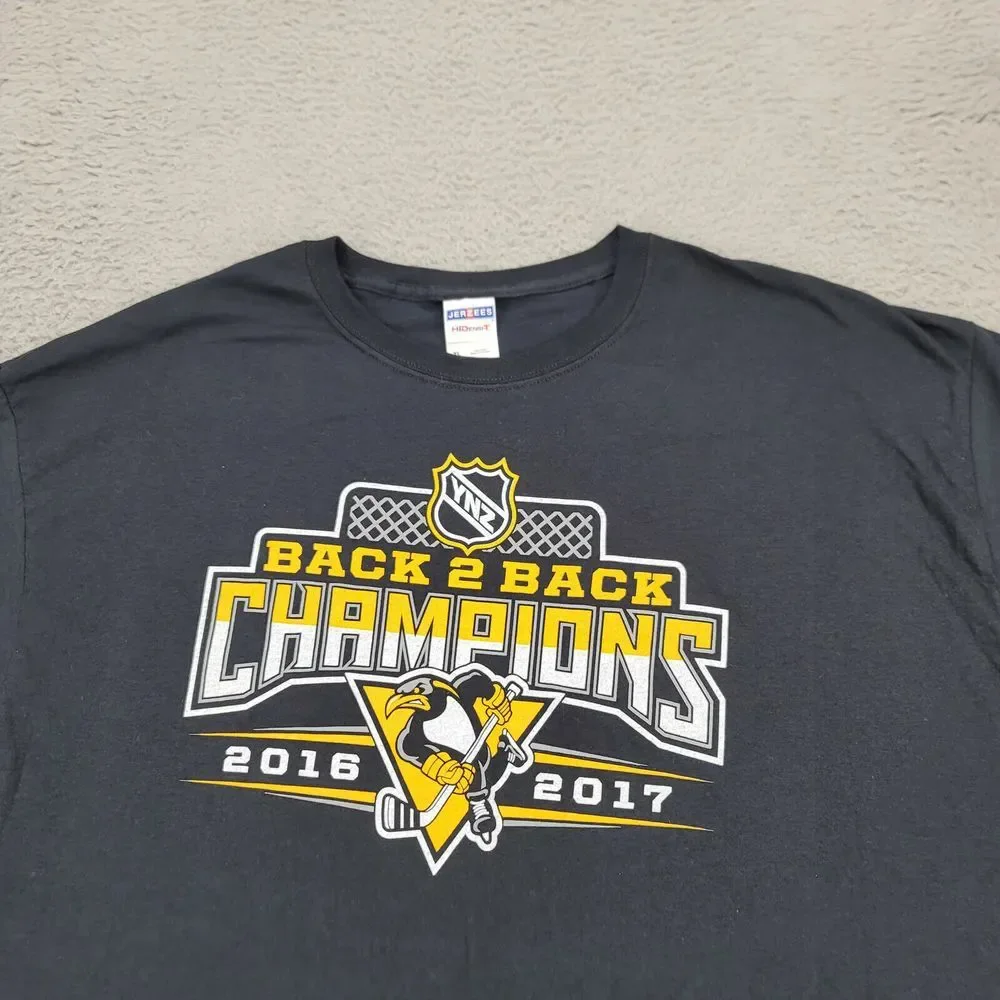 Penguins Shirt Mens XL Black YNZ Pittsburgh Hockey Back 2 Back Champions 2016-17